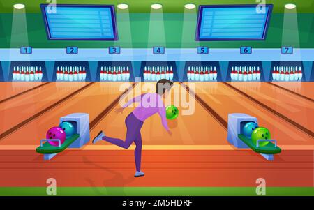 Play bowling game flat vector illustration. Cartoon active man player playing in bowling alley interior, bowler gamer character throwing ball and stri Stock Vector