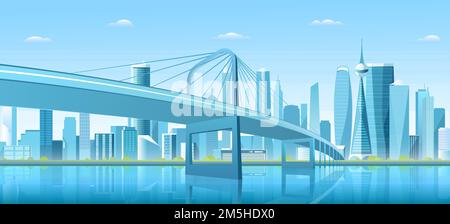 City bridge over water bay vector illustration. Cartoon flat modern new bridge to downtown futuristic metropolis, blue downtown cityscape with waterfr Stock Vector