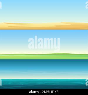 Beautiful minimalistic horizontal banners landscapes of sand desert, meadow rural field and sea ocean background set vector illustration Stock Vector