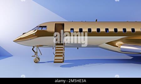 golden private jet with open staircase entrance. 3d rendering Stock Photo