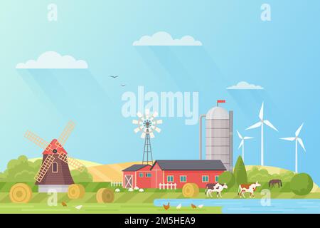 Farm landscape flat vector illustration. Summer farmland scenery with mill, cattle and poultry. Rural nature with barn, trees, flowers. Livestock farm Stock Vector
