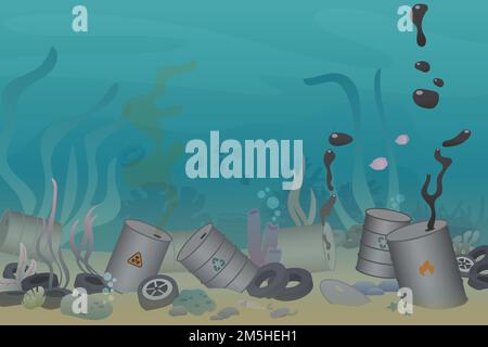 Plastic, tires and poisonous barrel pollution illustration trash under the sea vector illustration. Sea and ocean ecology pollution concept Stock Vector