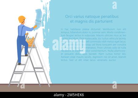 Man decorator painter with a paint roller painting a color wall. Upgrade and repair process concept. Website reconstruction vector illustration Stock Vector
