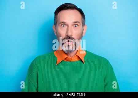 Photo of shocked person open mouth staring cant believe isolated on blue color background Stock Photo