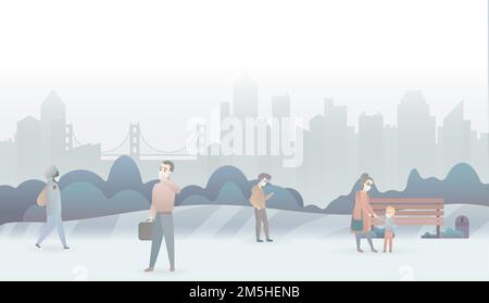 Sad people suffer from air pollution and wear protective masks. Industrial white smog fog city background. Fine dust, air pollution, pollutant gas emi Stock Vector