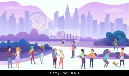 Group of people enjoying time, walking, communicating, have fun, date, talk, laugh in the evening city cartoon vector illustration Stock Vector