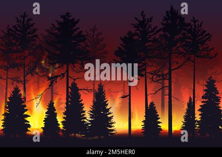 Wild fire in the night forest. Natural disaster. Wildfire. Black silhouette trees on fire realistic vector illustration Stock Vector