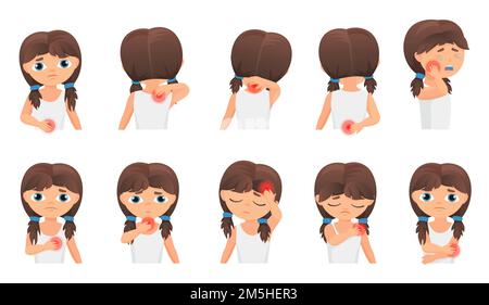 Body parts pain, child Diseases infographic set. Little girl kid feels pain in different parts of body flat vector illustration. Stock Vector