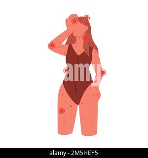 Disease symptoms. Woman with headache, rash, fever. Flat vector illustration Stock Vector