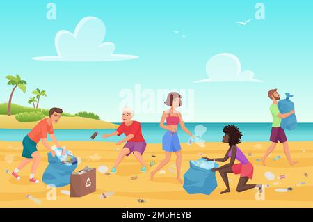 Beach cleaning flat vector illustration. Young people cleaning plastic garbage on waterfront. Volunteering and environment protection. Volunteers clea Stock Vector