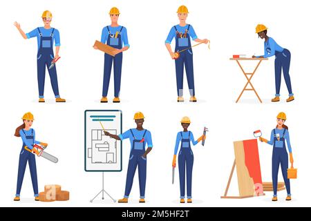 Builders in uniform flat vector characters set. Construction workers in blue jumpsuits and hardhats. Cartoon engineers, architects, repairmen at work. Stock Vector