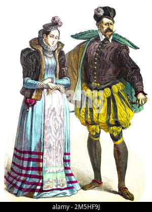 French nobleman and noble woman, elegant costumes, End of 16th century,  colored historiscc illustration, France, Europe, Münchener Bilderbogen 1890 Stock Photo