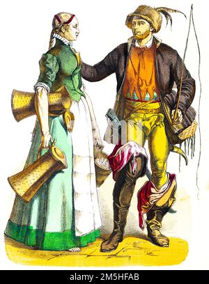 Maidservant and carriage hand from Nuremberg, Germany, costumes, End of 16th century,  colored historiscc illustration,, Münchener Bilderbogen 1890 Stock Photo