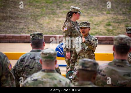 U.S. Army Staff Sgt. Zoe Marie Kimbell Tompkins addresses her Soldiers during a change of responsibility rehearsal on JBSA Lackland Air Force Base, March 17, 2022.