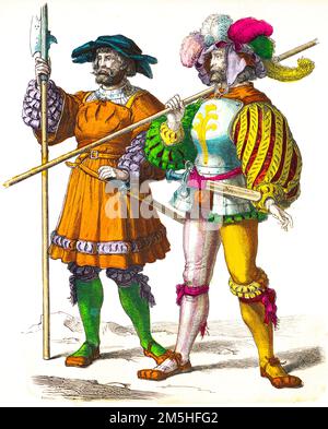 Elegant costumes, Beginning of 16th century,  colored historiscc illustration,, Münchener Bilderbogen 1890 Stock Photo