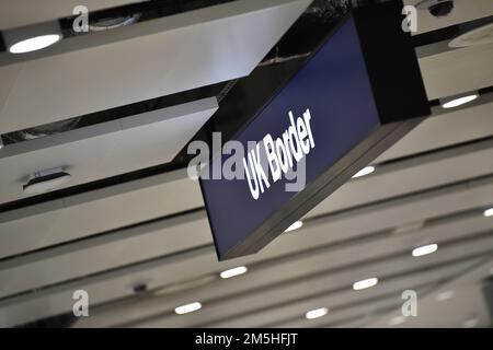 Passport control signs at Manchester airport as they cover for striking Border Force officers. Public and Commercial Services union (PCS) members working as Border Force officers at Gatwick, Heathrow, Birmingham, Cardiff, Manchester and Glasgow airports and the port of Newhaven resumed strikes on Wednesday for four days over pay, jobs and conditions. Picture date: Thursday December 29, 2022. Stock Photo