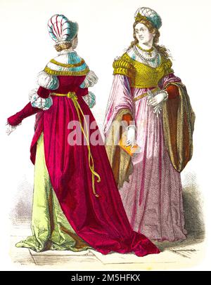 Elegant costumes, Beginning of 16th century,  colored historiscc illustration,, Münchener Bilderbogen 1890 Stock Photo