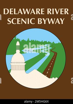 Byway logo7trim. The byway logo has the outline of the Trenton capitol complex in the foreground followed by a sketch of the Delaware River, D&R Canal and Route 29 flowing upward into a rural skyline with a historic bridge crossing over the River. Location: New Jersey Stock Photo