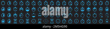 Timer and clock icon set. Time symbol flat icon. Stopwatch, timer, hourglass, sand glass timer, clock. Fast time icon. Stock Vector