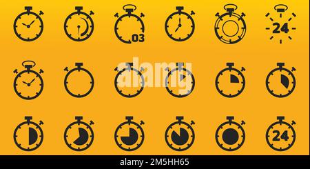 Timer and clock icon set. Time symbol flat icon. Stopwatch, timer, hourglass, sand glass timer, clock. Fast time icon. Stock Vector