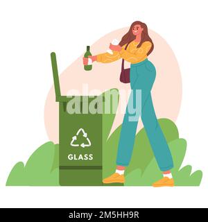 Recycling garbage bin concept. Woman taking out the garbage. Separate waste collection. Sorting, zero waste concept.Flat vector illustration Stock Vector
