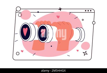 Search love in internet. Hands hold binocular and looks into them. Finding a partner, falling in love. Flat vector illustration Stock Vector