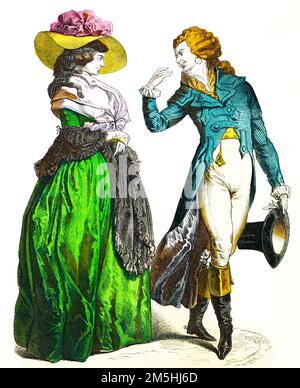 Historical costumes at the end of 18th century,  historical illustration, Münchener Bilderbogen, München 1890 Stock Photo