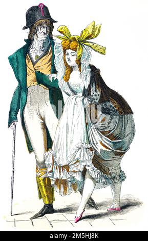 Historical costumes at the end of 18th century,  historical illustration, Münchener Bilderbogen, München 1890 Stock Photo