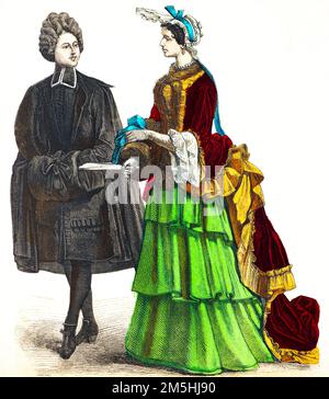 Historical costumes at the beginning of 18th century,  historical illustration, Münchener Bilderbogen, München 1890 Stock Photo