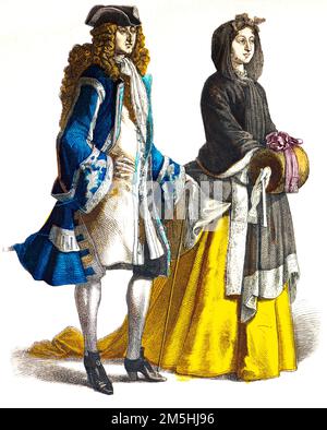 Historical costumes at the beginning of 18th century,  historical illustration, Münchener Bilderbogen, München 1890 Stock Photo