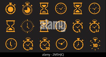 Timer and clock icon set. Time symbol flat icon. Stopwatch, timer, hourglass, sand glass timer, clock. Fast time icon. Stock Vector