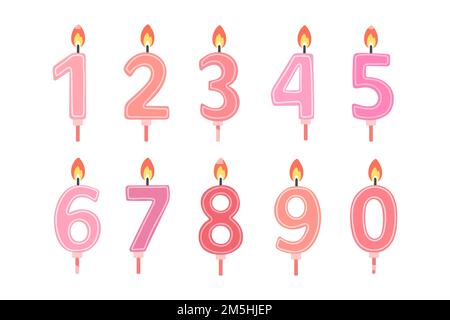 Set of Happy Birthday candle numbers. Pink color. Vector flat design Stock Vector