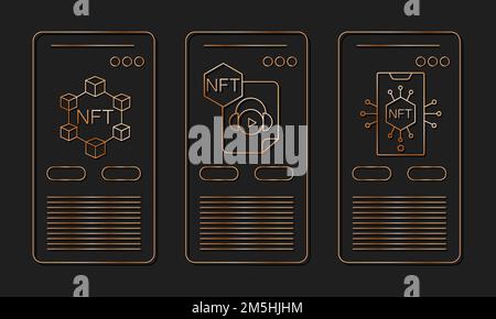 NFT vector icon card. Non-fungible token. Gold on black background. vector eps 10 Stock Vector