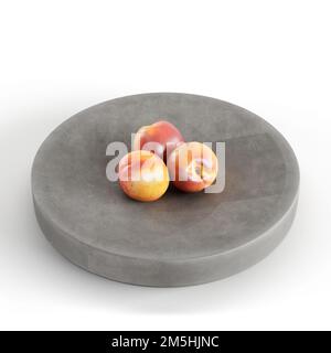 A closeup of three nectarines on a modern gray tray isolated on a white background Stock Photo