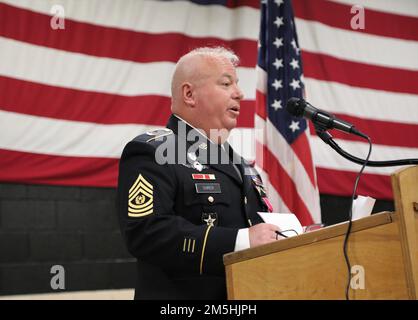 U.S. Army Command Sgt. Maj. Joseph Shirer gives remarks at his retirement ceremony, March 18, 2022, in Canton, Georgia. Shirer retired after serving nearly 30 years in the U.S. Army and Georgia Army National Guard. Stock Photo