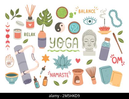 Yoga stickers set. Hand drawn elements set aroma sticks, mat, block. Vector flat. Collection of yoga stuff, equipment. Stock Vector