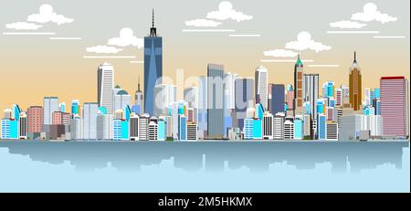 New York cityscape vector illustration. Cartoon New York landmarks at night, Freedom Tower on One World Trade Center, and famous US American city buildi Stock Vector