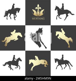 Equestrian sport. Horseback riding. Rider is performing jumps on horse. Horse silhouette black and white Stock Vector