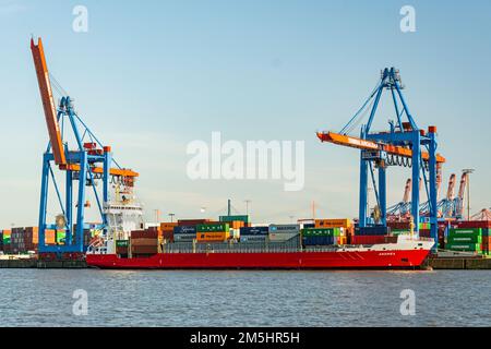 Container vessel and harbour facilities at a the Burchardkai container terminal in the port area of Hamburg, Germany Stock Photo