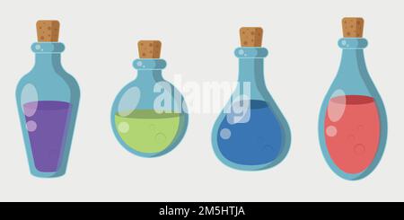 Set of bottles of potions. Liquid in glass jar in cartoon style. Flasks with red, blue, green and purple elixir. Vector illustration in flat style. Stock Vector