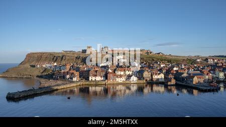 A panoramic view of Whitby harbour and the old town from the Kyber Pass Stock Photo