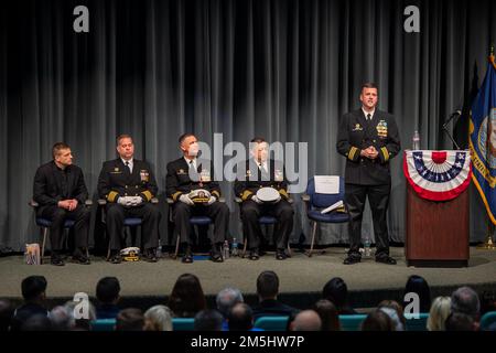 SILVERDALE, Wash. (March 18, 2022) – U.S. Navy Cmdr. Eric Hunter, from Jonesboro, Ga., speaks to the families and crew of the Ohio-class ballistic-missile submarine USS Nevada (SSBN 733) during the ship's change of command ceremony, March 18, 2022. Nevada, homeported at Naval Base Kitsap, Wash., is the eighth Ohio-class submarine and the fourth U.S. Navy ship to bear the name Nevada. The submarine was commissioned in Groton, Conn., Aug. 16, 1986. Stock Photo