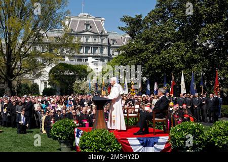 Pope Benedict XVI, left, speaks as United States President George W. Bush, right, listens on the South Lawn at the White House in Washington, D.C. USA on 16 April 2008. Today is the second day of the pope's visit to the United States. Today is also the 81st birthday of the pope. Credit: Aude Guerrucci / Pool via CNP Stock Photo