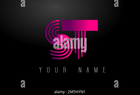 ST Magenta Lines Letter Logo. Creative Line Letters Design Vector Template. Stock Vector