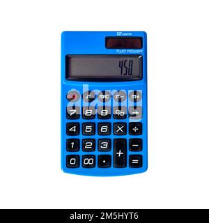 Blue pocket calculator with solar and battery powering, close-up on white background Stock Photo