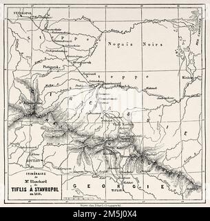 Map of Blanchard's route from Tiflis to Stavropol 1858. Journey from Tiflis in Stavropol to the Dariali Gorge, 1858 by Blanchard Stock Photo