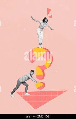 Exclusive magazine picture sketch collage image of married couple solving psychology questions isolated painting background Stock Photo