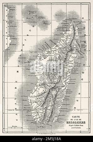 Old map of Madagascar Island. The travels of Ida Pfeiffer 1857 Stock Photo