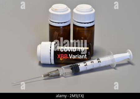 Syringe with Covid-19 vaccine against the XBB Variant. Fight against virus Covid-19 Coronavirus, Vaccination and immunization. Stock Photo