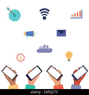 Hands with phones. Information and actions on the Internet.Vector. Stock Vector